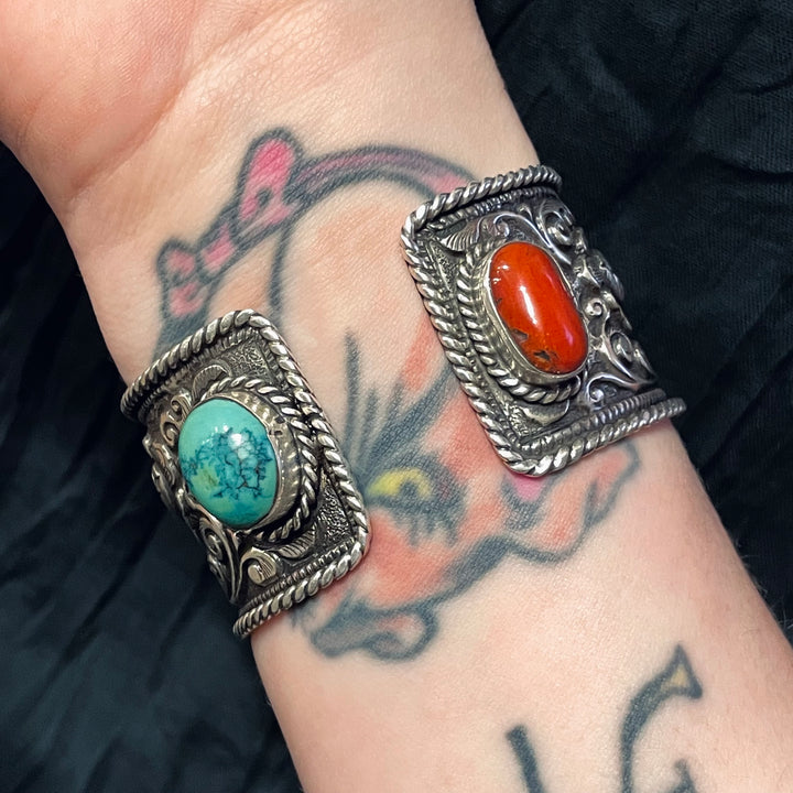 Turquoise and Coral Lotus Cuff Bracelet