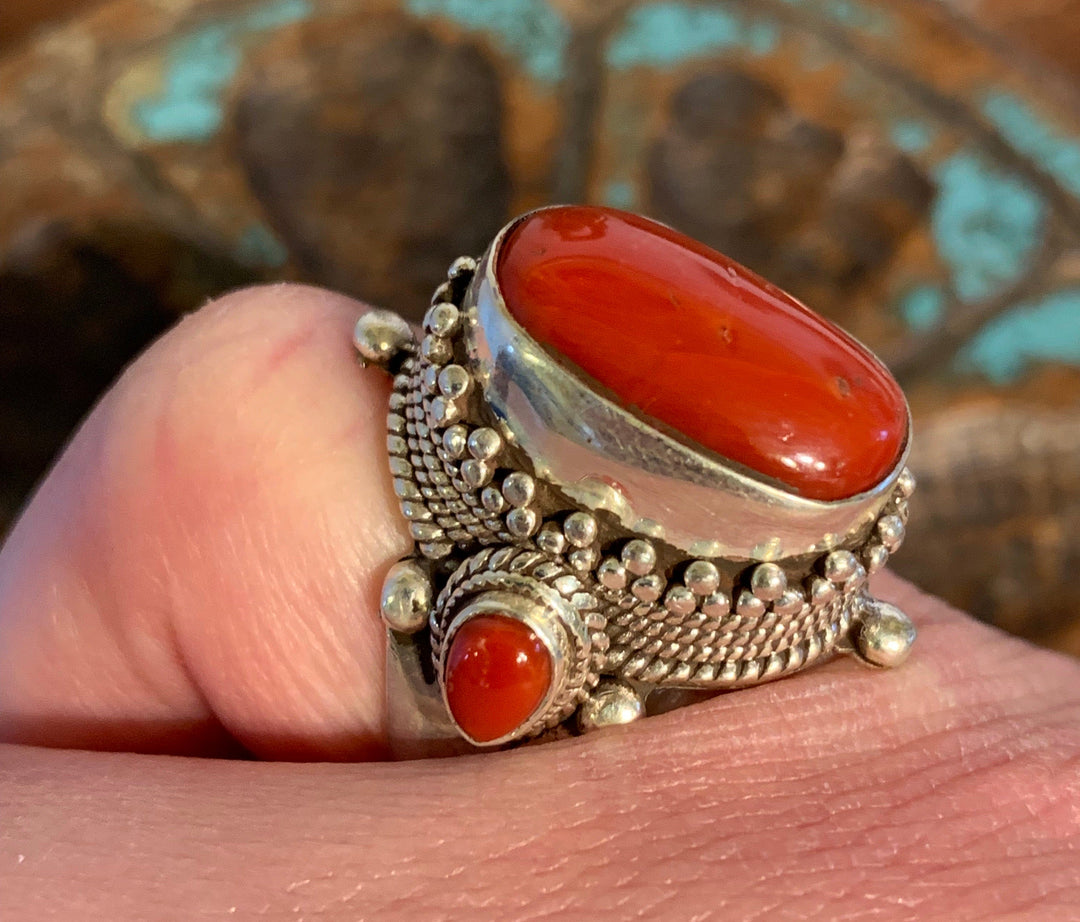 Tibetan Coral Ring - Floating Lotus