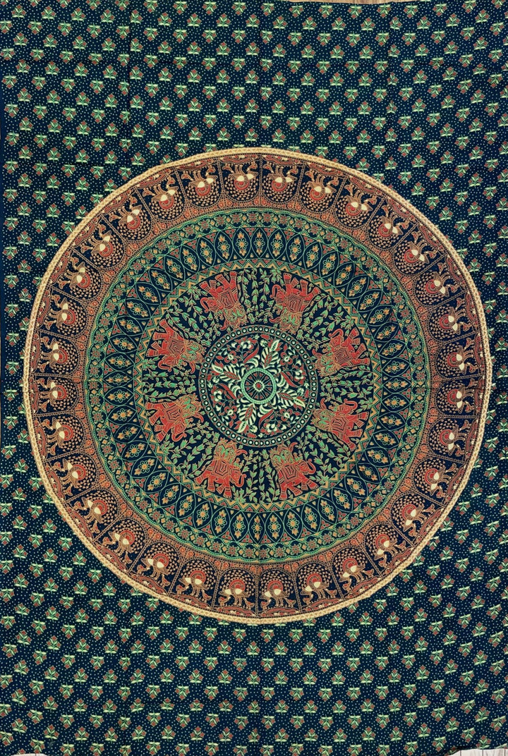 Dark Green Elephant Mandala Tapestry - Twin Size