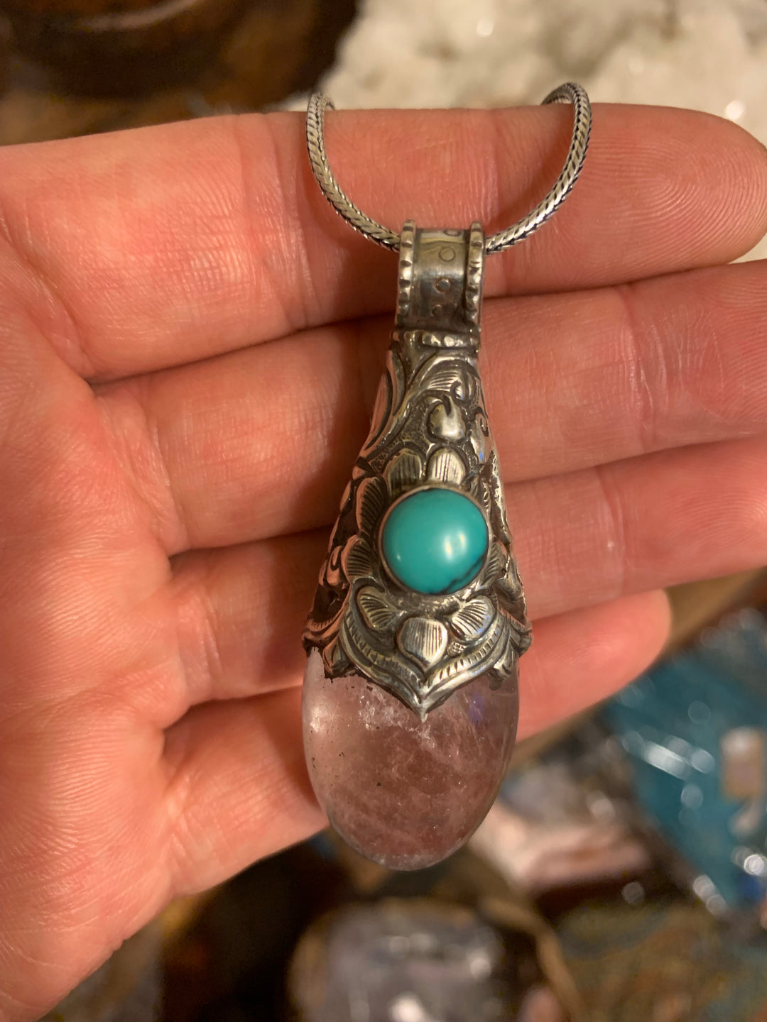 Crystal and Turquoise Pendant - Floating Lotus